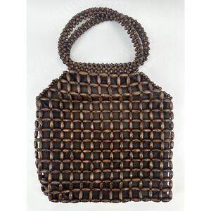 VTG Wooden Chateau Brown Beaded Boho Handbag Retro Purse Tote 10"